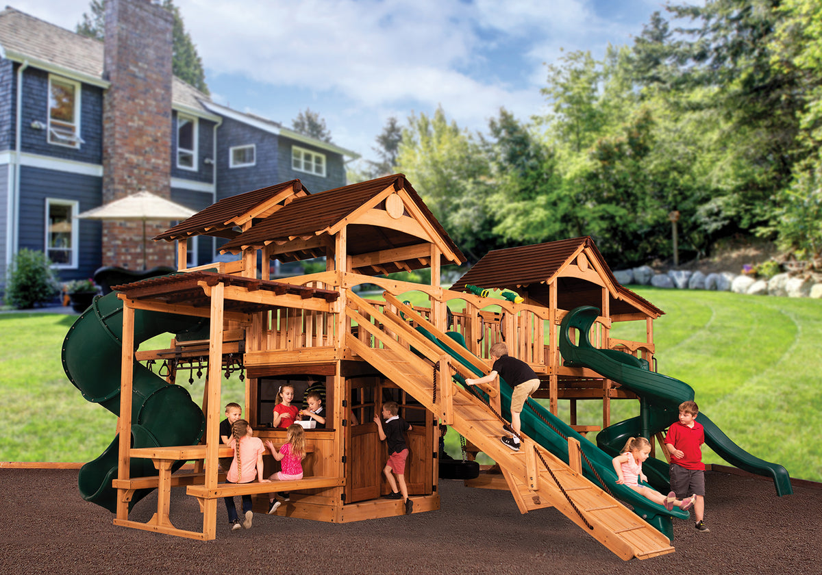 Treehouse Combo con dos cabañas techadas, casita inferior, tobogán de ola y tobogán de tubo en espiral
