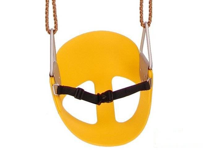 Asiento de columpio cubo flexible amarillo para niños pequeños con correa de seguridad